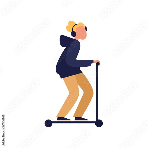 Child boy riding kick scooter. Teenager on eco friendly personal urban vehicle. Music listening, headphones. Extreme street sport. Flat vector cartoon illustration isolated on white background