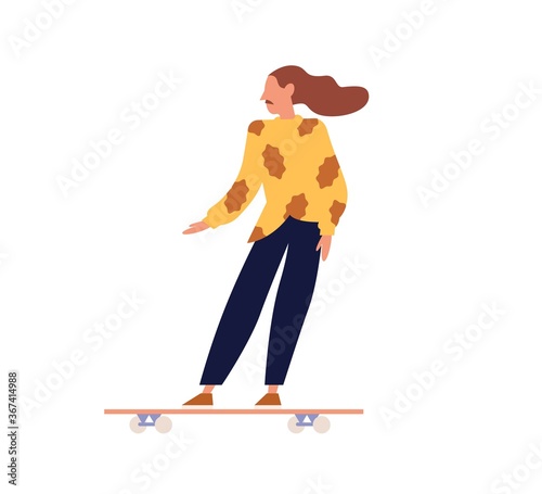Modern active city guy riding long board. Young moustached millennial man on urban personal vehicle. Summer skating. Extreme street sport. Flat vector cartoon illustration isolated on white background