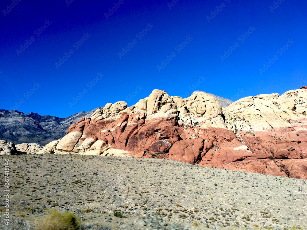 Red rock and sandstone mountains, Nevada, blue sky and Dessert