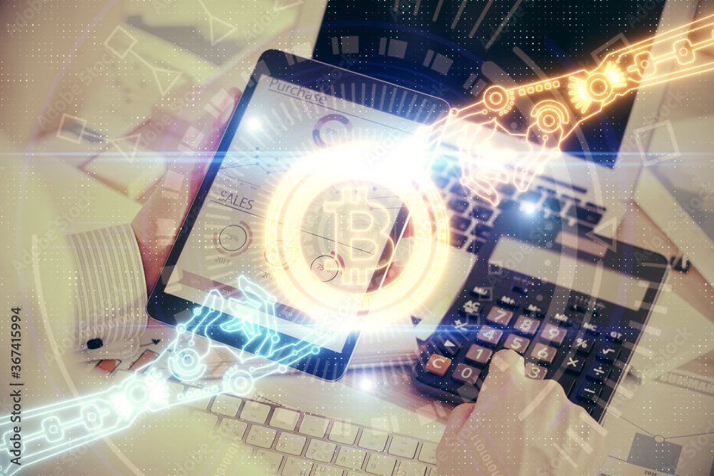Double exposure of man's hands holding and using a phone and crypto currency blockchain theme drawing. Double exposure of man's hands holding and using a phone and crypto currency blockchain theme drawing.