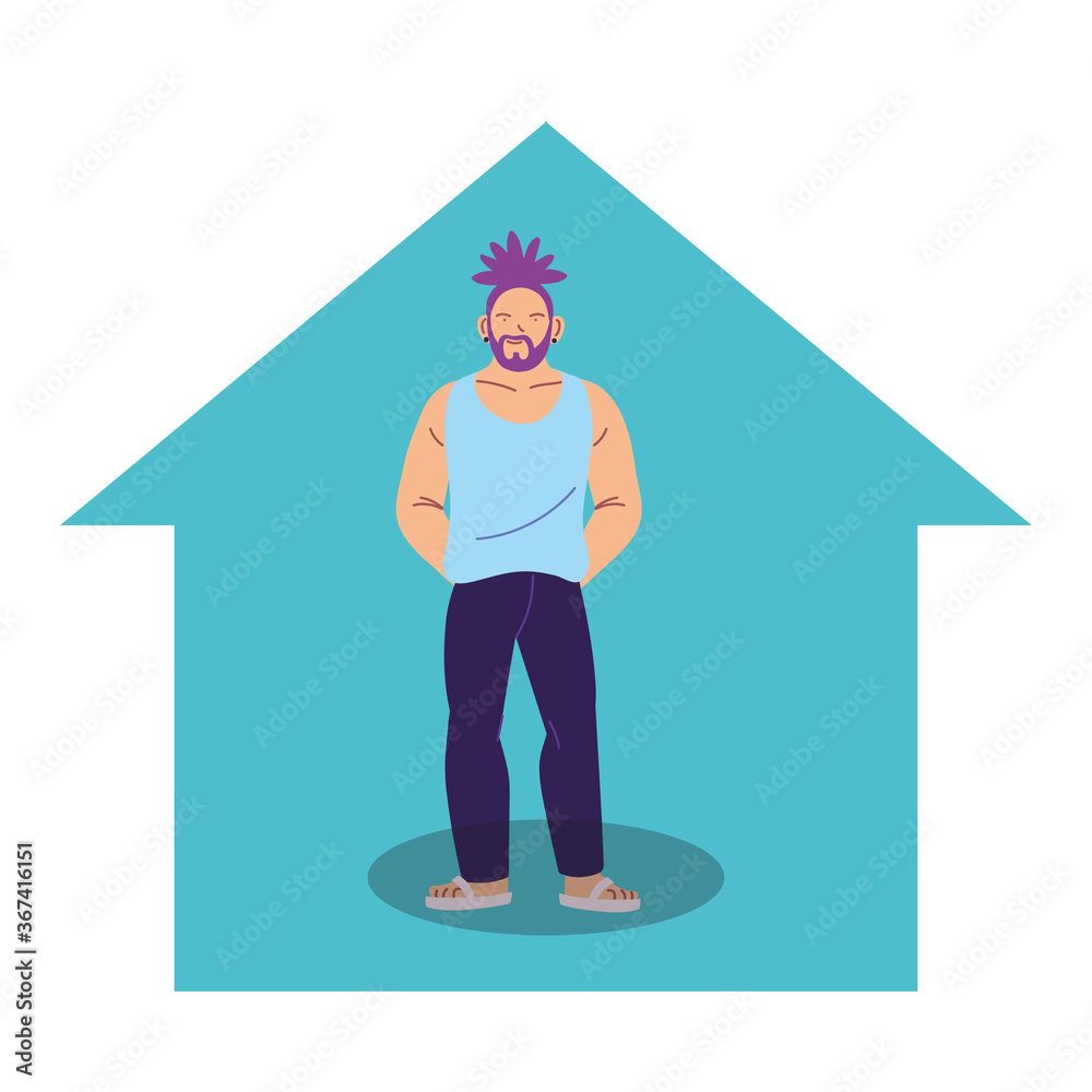 man cartoon with purple hair in house vector design