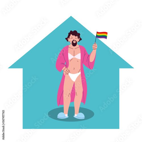 transvestite man cartoon with lgbti flag in house vector design