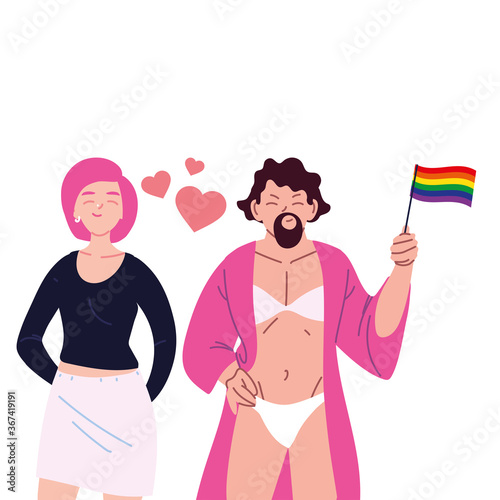 woman and transvestite man cartoons with lgtbi flag and hearts vector design