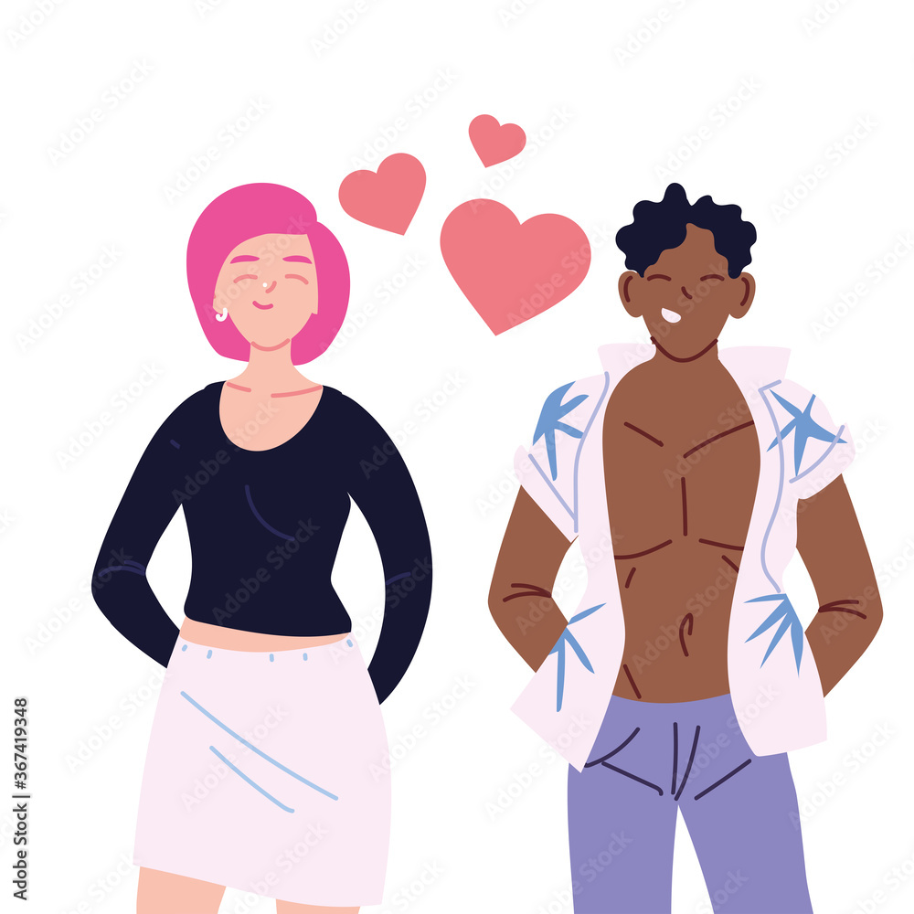 Couple of woman and man cartoons with hearts vector design Couple of woman and man cartoons with hearts vector design
