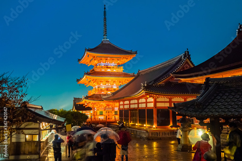 Japan. Kyoto. Temple of pure water in Japan. Kiyomizu Dera Temple. Buddhist temple with evening illumination. Rainy evening in Kyoto. Traditional Japanese architecture. Sights Of Japan.