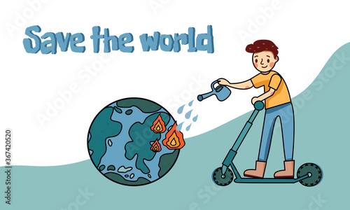 Boy pour water to fires on earth. Man save Green Planet Environment. Nature Globe Ecology Protect Concept Flat Cartoon Vector Illustration. Save the world.