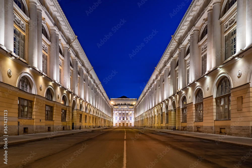 Evening Saint Petersburg. Russia. Street Of The Architect Rossi. Streets Of St. Petersburg. Evening in St. Petersburg. City street with classic buildings with evening lighting. Alexandrinsky theater.