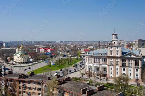 Rostov-on-Don, view of the Rostov University of railway transport and the Church of John of Kronstadt. 