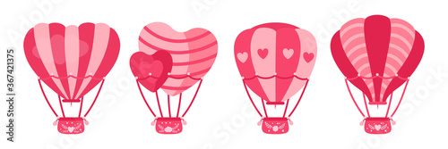 Hot air balloon flat set. Heart shaped or circle pink color. Cartoon Valentine day design air balloons collection. Festivals, summer wedding journey air transport. Vector Isolated illustration