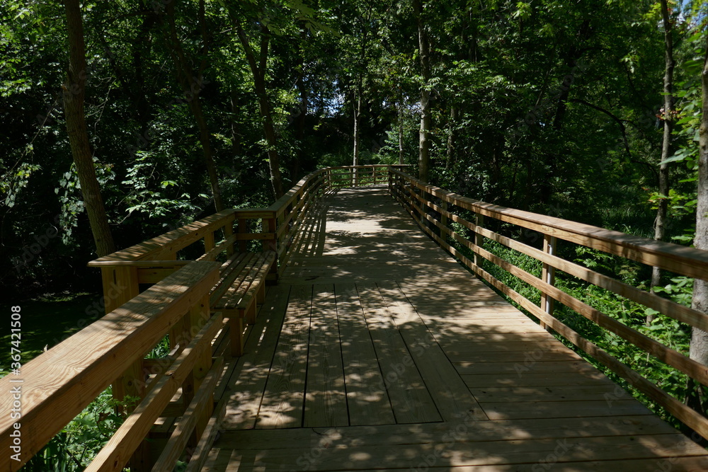 Active senior citizen lifestyle walking away in distance on nature park boardwalk Active senior citizen lifestyle walking away in distance on nature park boardwalk
