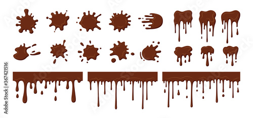 Chocolate streams dripping, blob set. Current splatter melted chocolate, decorative shapes liquids. Stain shape collection, splashes drops, cartoon flat spatters. Isolated vector illustration