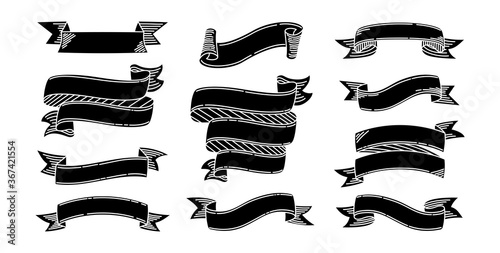 Ribbon hand drawn set. Black engraving different ribbons sketch cartoon collection. Tape blank for greeting cards, banners invitations. Web icon kit of text banner tapes. Isolated vector illustration