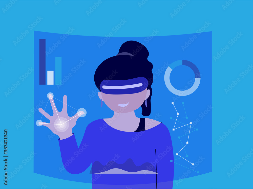 vector illustration of a young women using virtual reality technology in interactive display concept design. vector illustration of a young women using virtual reality technology in interactive display concept design.