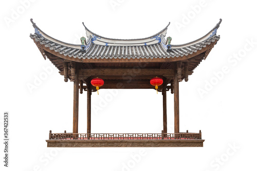 Old Chinese traditional pavilion or stage with red lantern hanging isolated on white background