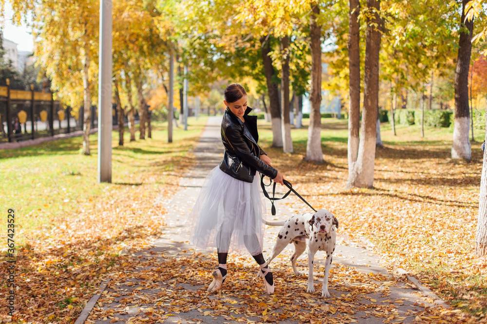 Fototapeta premium Ballerina with Dalmatian dog in the Park. Woman ballerina in a white ballet skirt and black leather jacket dancing in pointe shoes in autumn park with her spotty dalmatian dog.