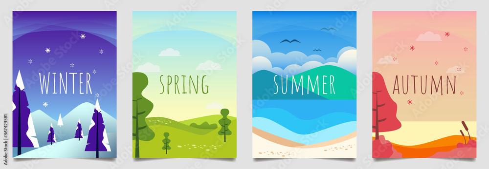 Fototapeta premium Flat design, Illustration set season element or flowers background, winter, spring, summer, autumn, banner, cover, templates, posters. Nature abstract minimal modern. Holiday banner fyer design.