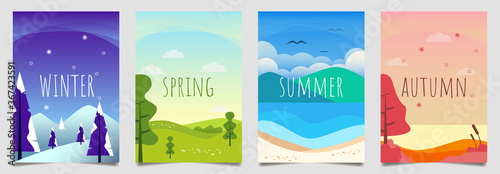 Flat design, Illustration set season element or flowers background, winter, spring, summer, autumn, banner, cover, templates, posters. Nature abstract minimal modern. Holiday banner fyer design.