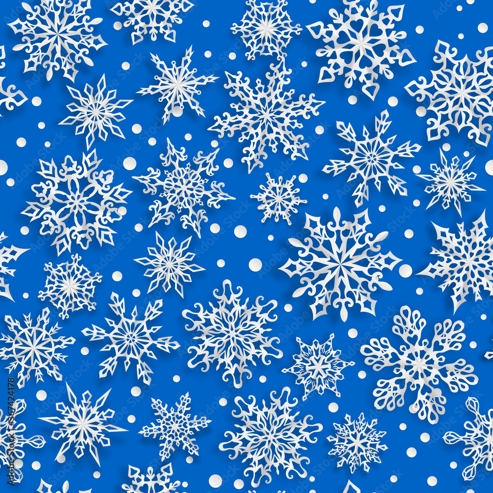 Christmas seamless pattern of paper snowflakes with soft shadows on blue background