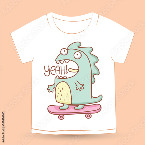 Cute hand drawn monster on skateboard for t shirt