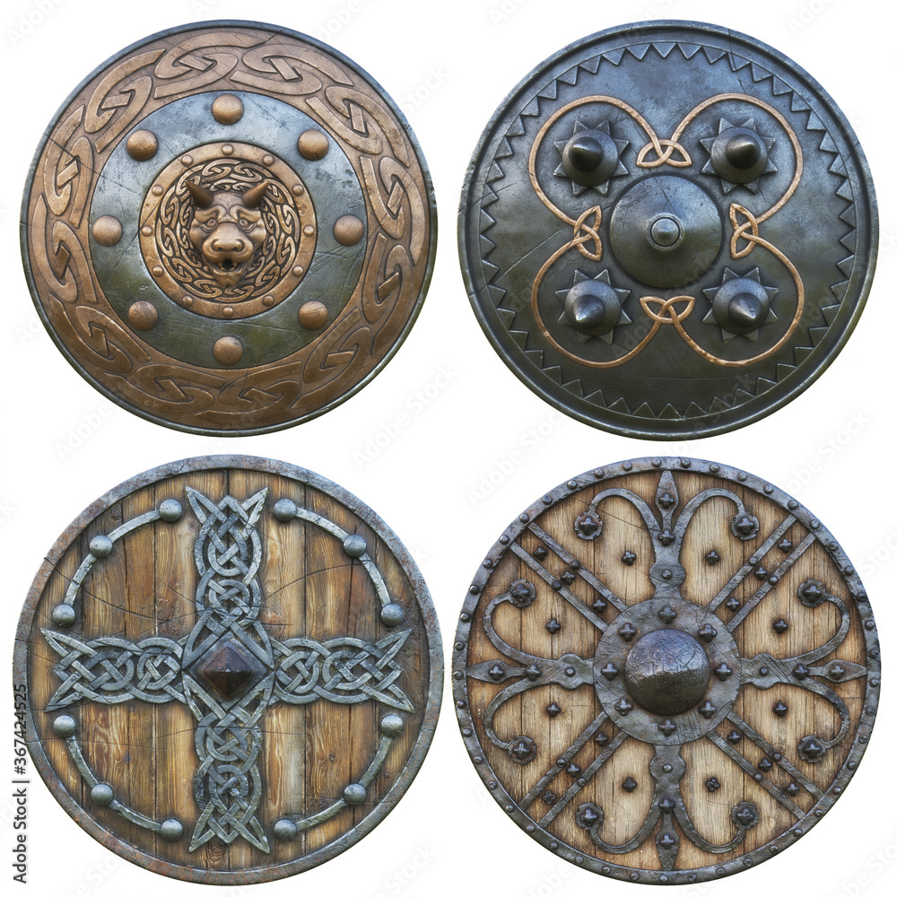 Collection of various military round shields with metal and wood construction and decorative designs  on an isolated white background. 3d rendering 
