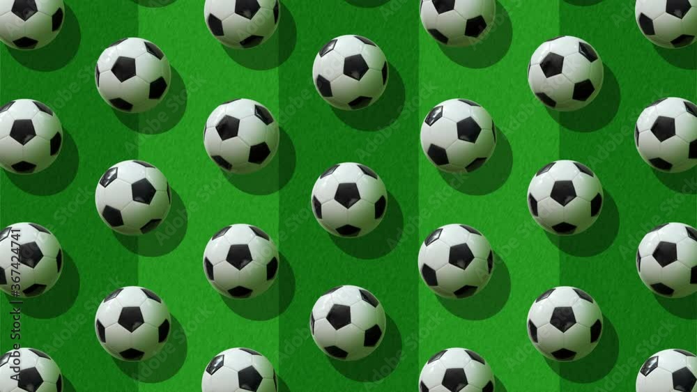 Background from large group of soccer balls.
Balls rotate around their axes on background of a soccer field. Flat lay, top view. Isometric view. Seamless loop video. Background from large group of soccer balls.
Balls rotate around their axes on background of a soccer field. Flat lay, top view. Isometric view. Seamless loop video.