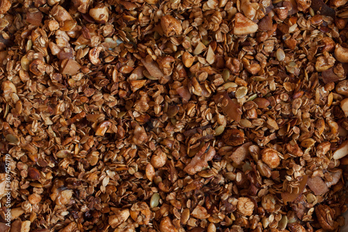 Granola background. Muesli. Food texture. Top view