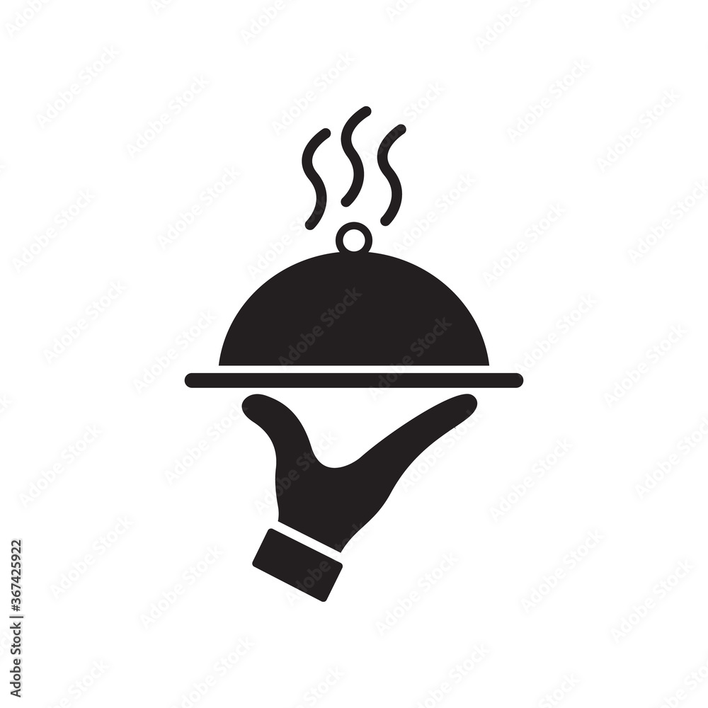 Fototapeta premium Hand with tray, serving food, waiter icon vector illustration. Flat style design. 