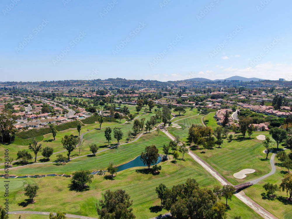 Aerial view of golf in upscale residential neighborhood, Rancho Bernardo, San Diego County, California. USA. 