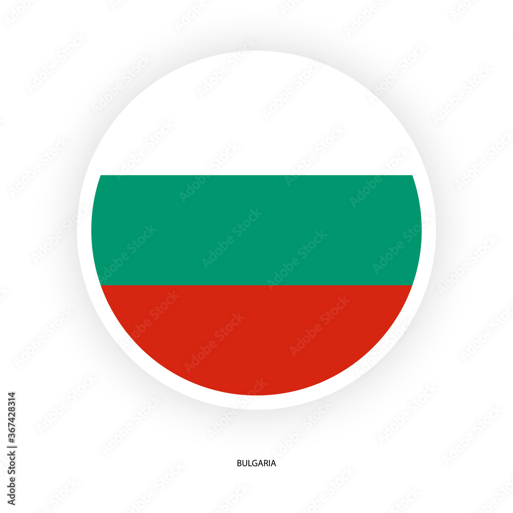 Bulgaria circle flag with white border on white background. Bulgaria button flag with shadow isolated on white background. Bulgaria circle flag with white border on white background. Bulgaria button flag with shadow isolated on white background.