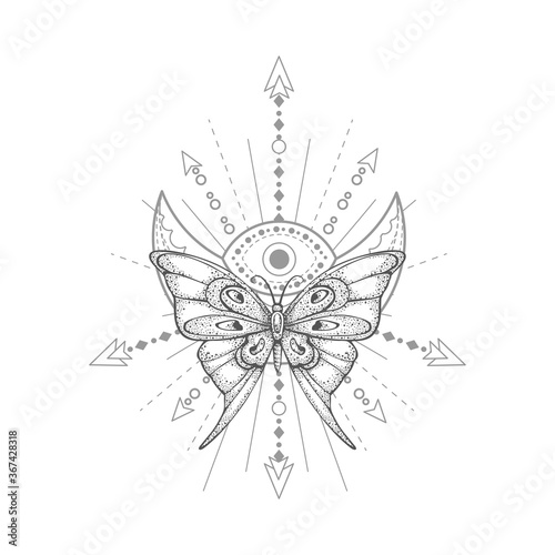 Vector illustration with hand drawn butterfly and Sacred geometric symbol on white background. Abstract mystic sign. Black linear shape.