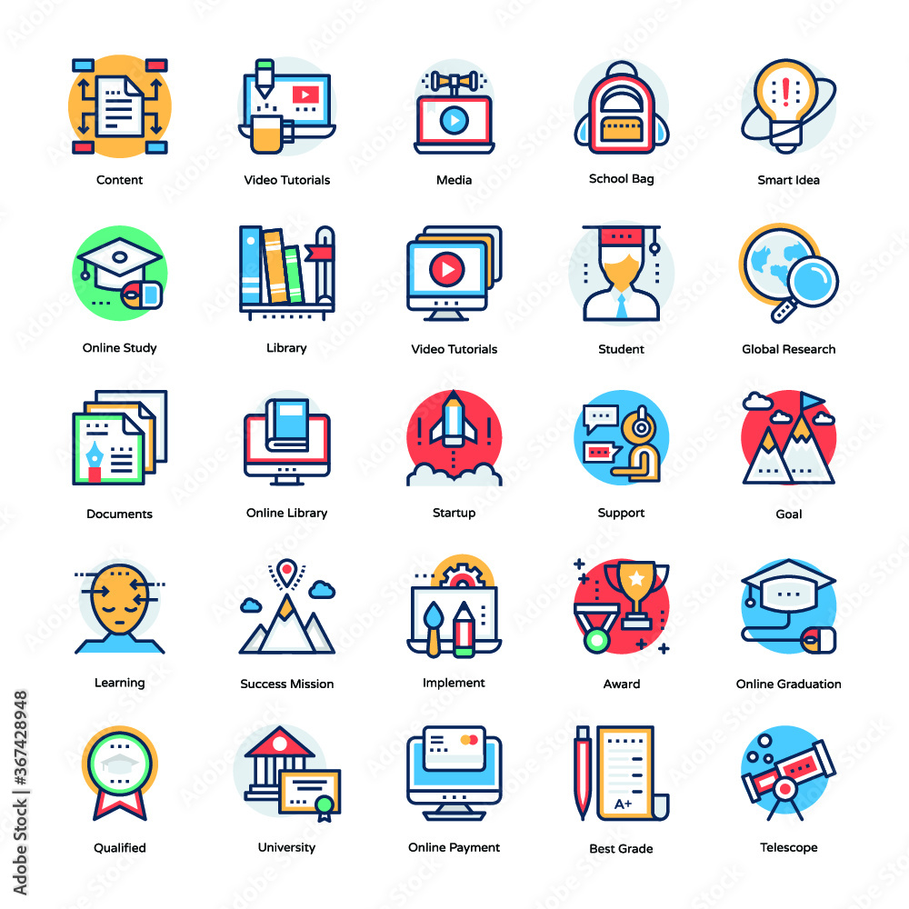 Collection of Education and Knowledge Flat Vector Icons 