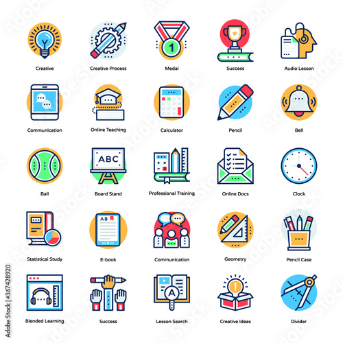 Pack Of Education and Knowledge Flat Vector Icons 