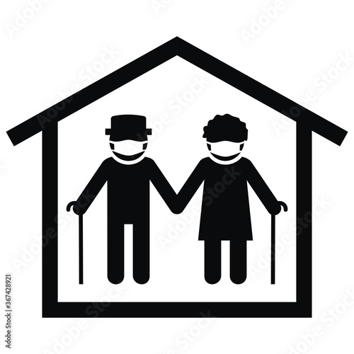 senior with  mask at house, black silhouette, vector icon