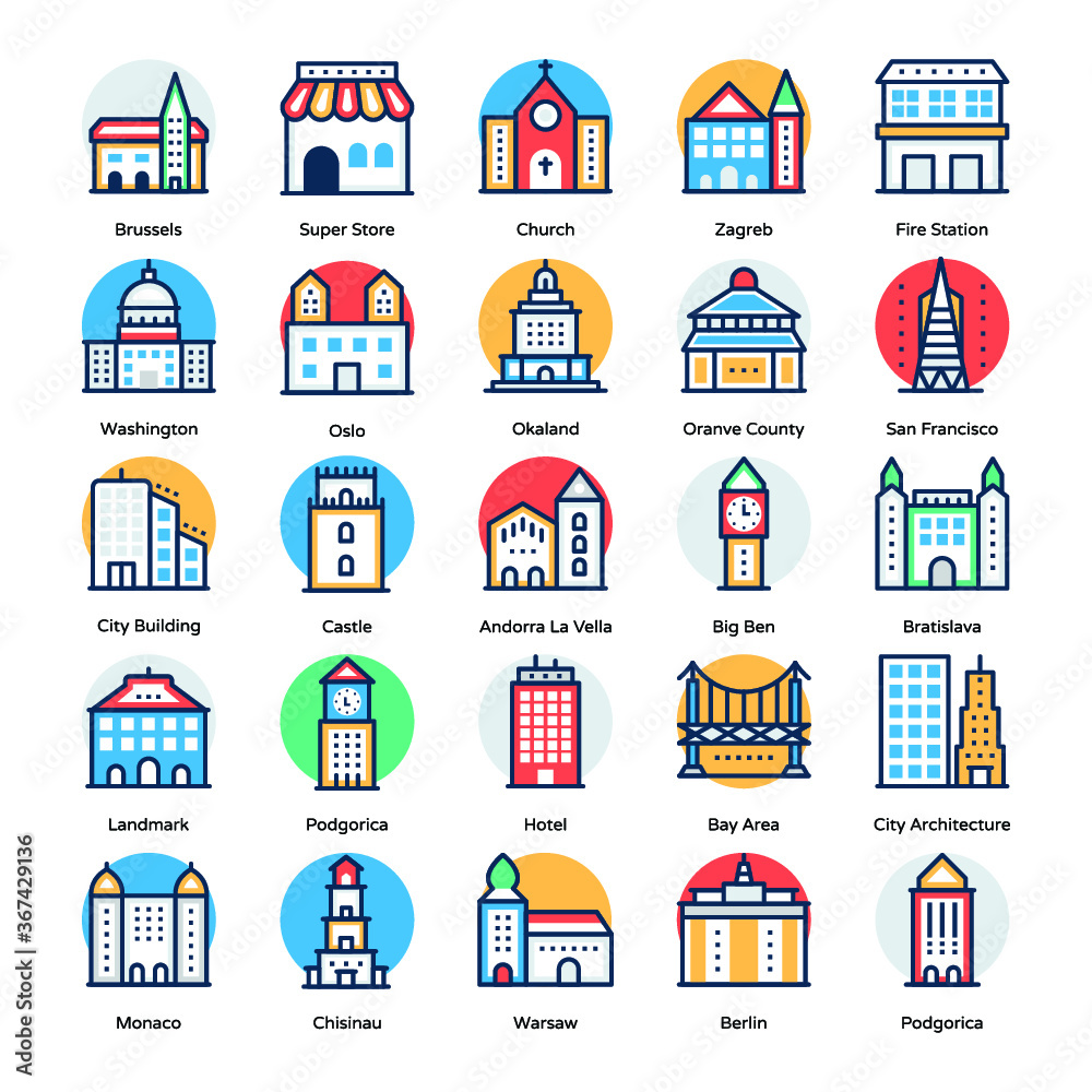 Buildings Flat Icons Set 