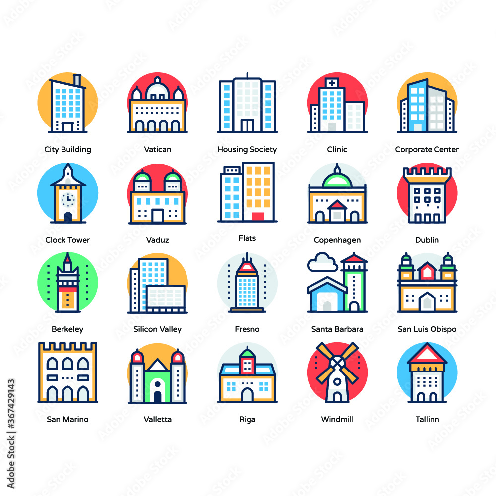 Creative Flat Icons Set of Buildings