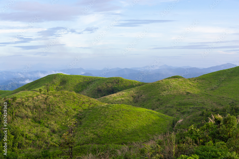 Green glass field on top of mountain.