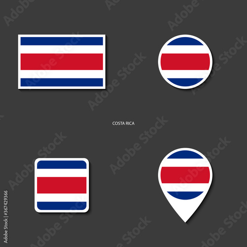 Costa Rica flag icon set in different shape (rectangle, circile, square and marker icon) on dark grey background. Costa Rica sticker flag collection on barely dark background.