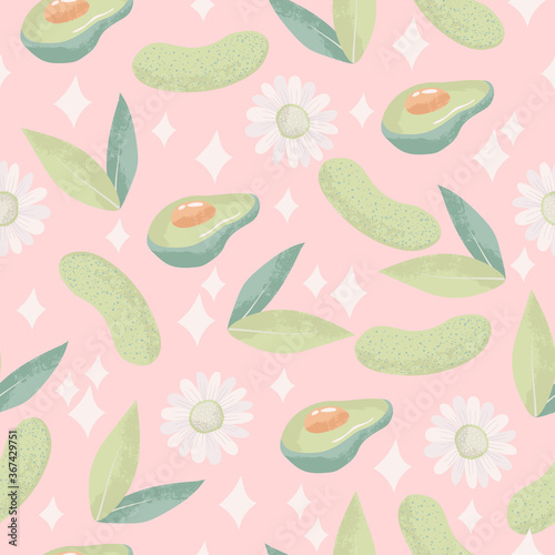 Hydrogel patches under the eyes. Сollagen mask. Organic facial skin care. Vector seamless pattern in cartoons flat design.