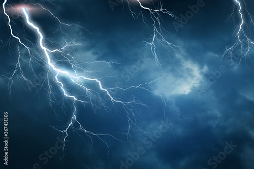 Lightning, thunder cloud dark cloudy sky Fototapeta