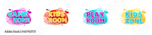 Kids zone vector cartoon banner. Colorful letters for children's playroom decoration. Sign for children's game room. Kids zone and party room game education fun area design. Vector illustration.