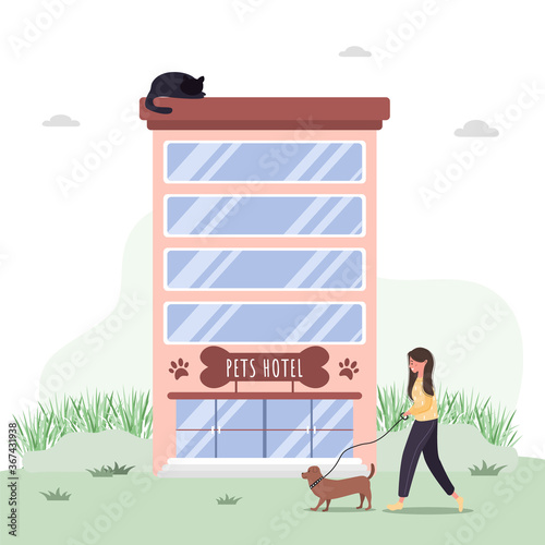 Pets hotel. Veterinary hospital services and domestic animals hotels. Dogs grooming and health check center. Vet clinic, robotic pet sitters metaphors. Vector illustrations in flat style.