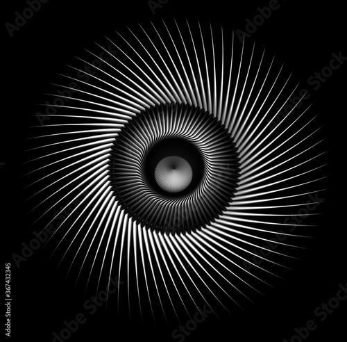 3d render of abstract black and white monochrome art with surreal industrial machinery 3d turbine jet engine or saw with sharp curve blades in matte aluminum metal material on black background