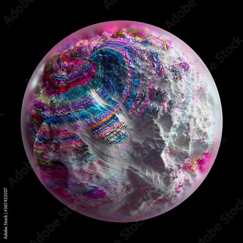Fototapeta Naklejka Na Ścianę i Meble -  3d render of abstract glass sphere with blur effect on the edges or planet with rough texture with color round lines pattern on surface on black background