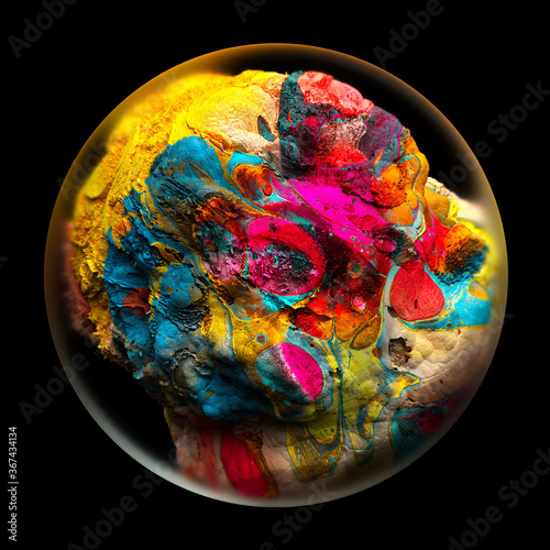 Fototapeta Naklejka Na Ścianę i Meble -  3d render of abstract art with glass sphere with blur effect on the edges or planet earth with rough surface or sea life coral reef in organic shape in blue yellow and pink color on black background