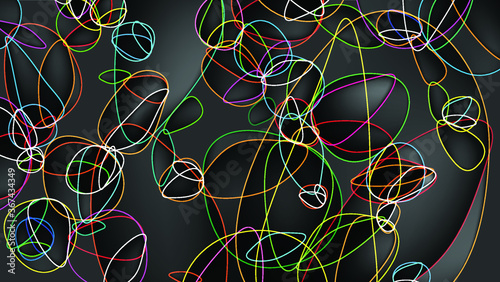 Multicolored stripes with distorted ellipse shapes, small, large, unequal, overlapping, orderly on a black background with different weights.