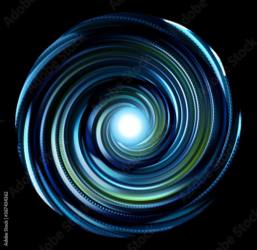 3d render of abstract art 3d atomic mechanical ball, based on metal spiral twisted mechanism with sharp blades, in the centre glowing neon blue light core produce power energy, on black background