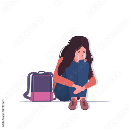 depressed schoolgirl with backpack crying depression problems stress psychotherapy bullying concept full length vector illustration