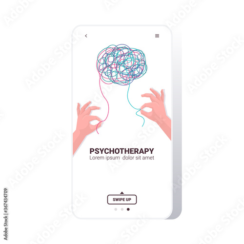 human hands solving problem in tangled brain psychotherapy session treatment of stress addictions and mental problems concept smartphone screen copy space vector illustration