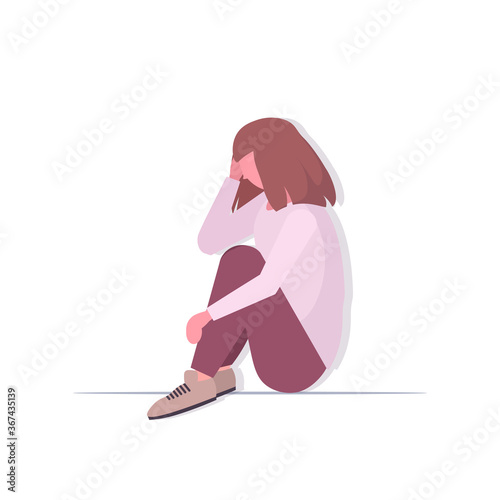 depressed woman crying depression problems stress psychotherapy bullying concept female cartoon character sitting pose isolated full length vector illustration
