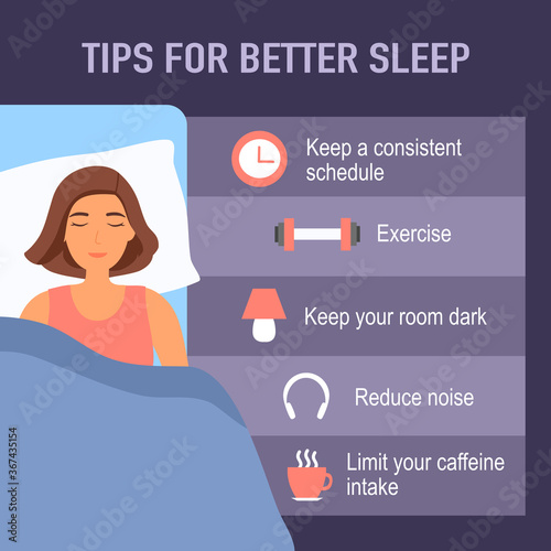 Tips for better sleep at night infographics. Sleeping woman in bedroom and useful advices for better sleep next to her.